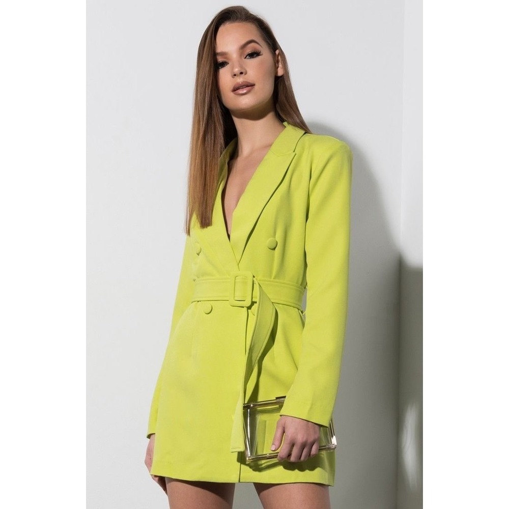 A.peach Blazer Dress Neon Lime Green Double Breasted Belted Mini Size S